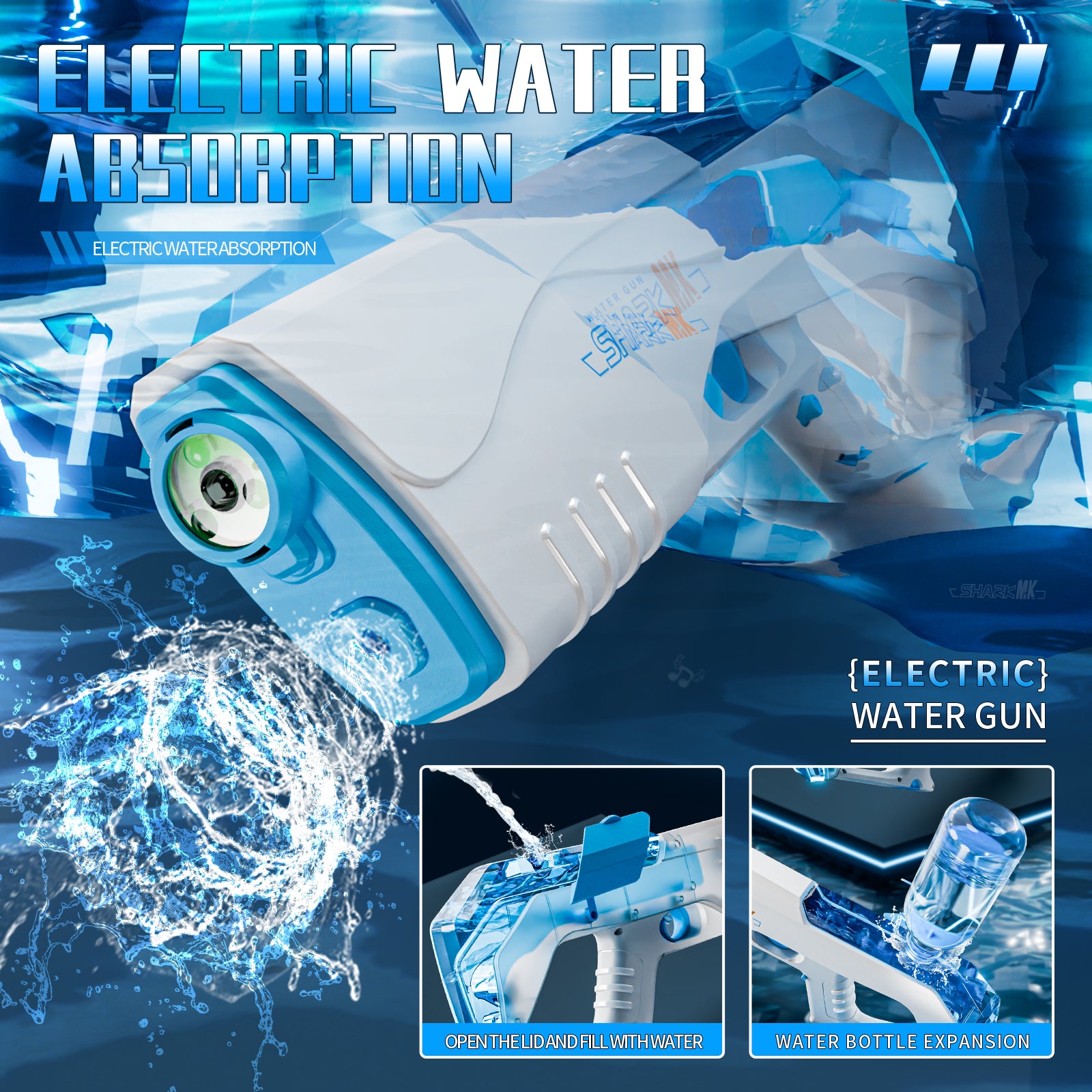 Pistola de Agua Eléctrica Recargable con Luces LED Disparo y Absorción de Agua Automática para Niños y Adultos