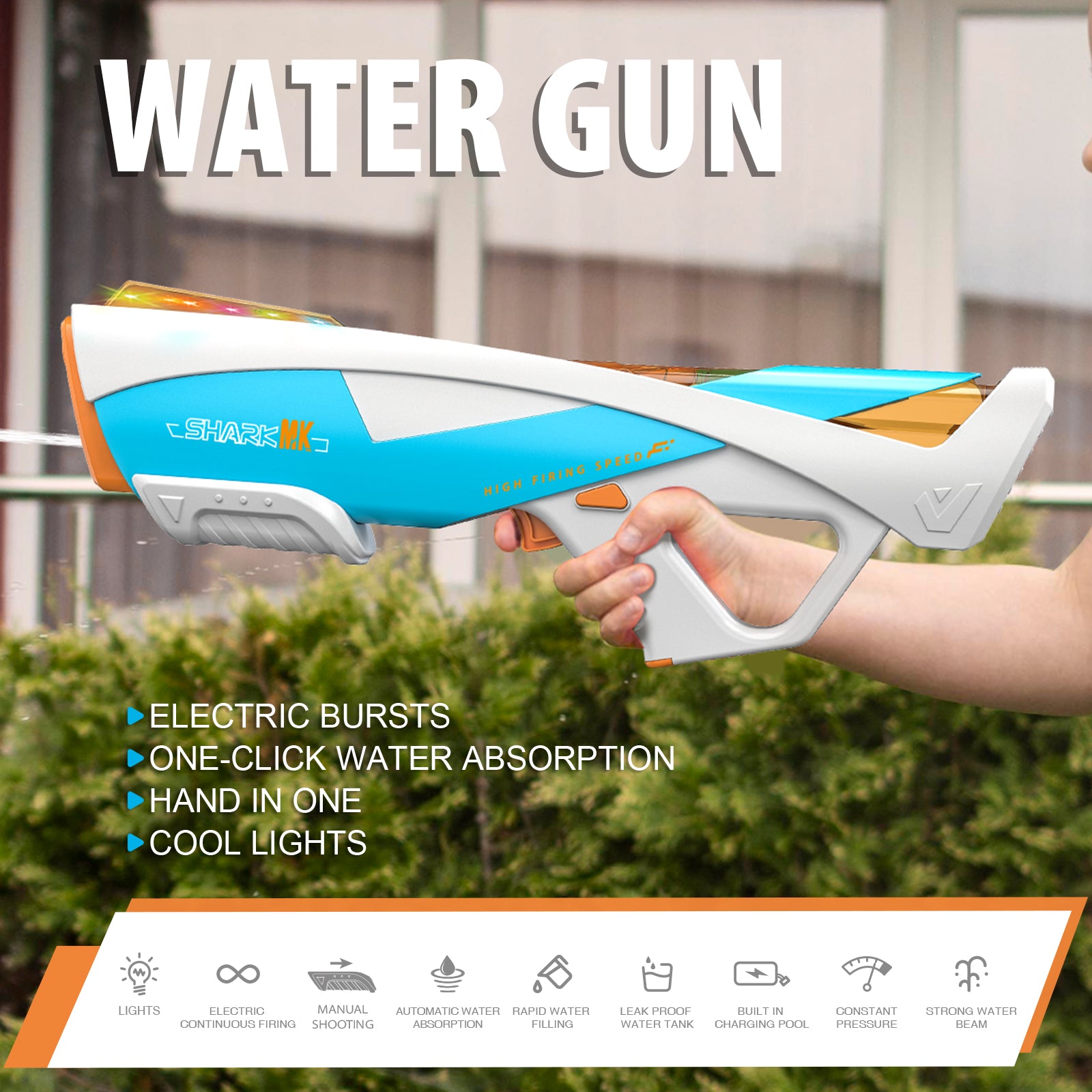 Pistola de Agua Eléctrica Recargable con Luces LED Absorción de Agua Automática Disparo Continuo y Manual para Niños y Adultos