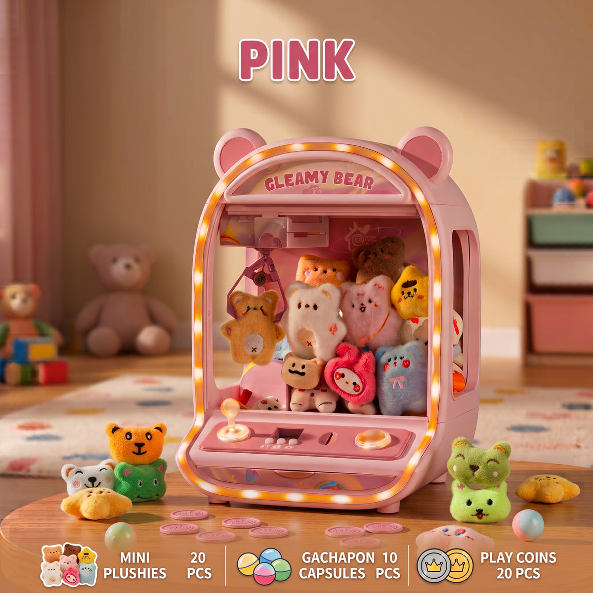 Mini Máquina de Gancho Atrapa Peluches para Niños con Luces y Música Juego Arcade de Feria con Palanca Mini Peluches y Cápsulas Incluidas