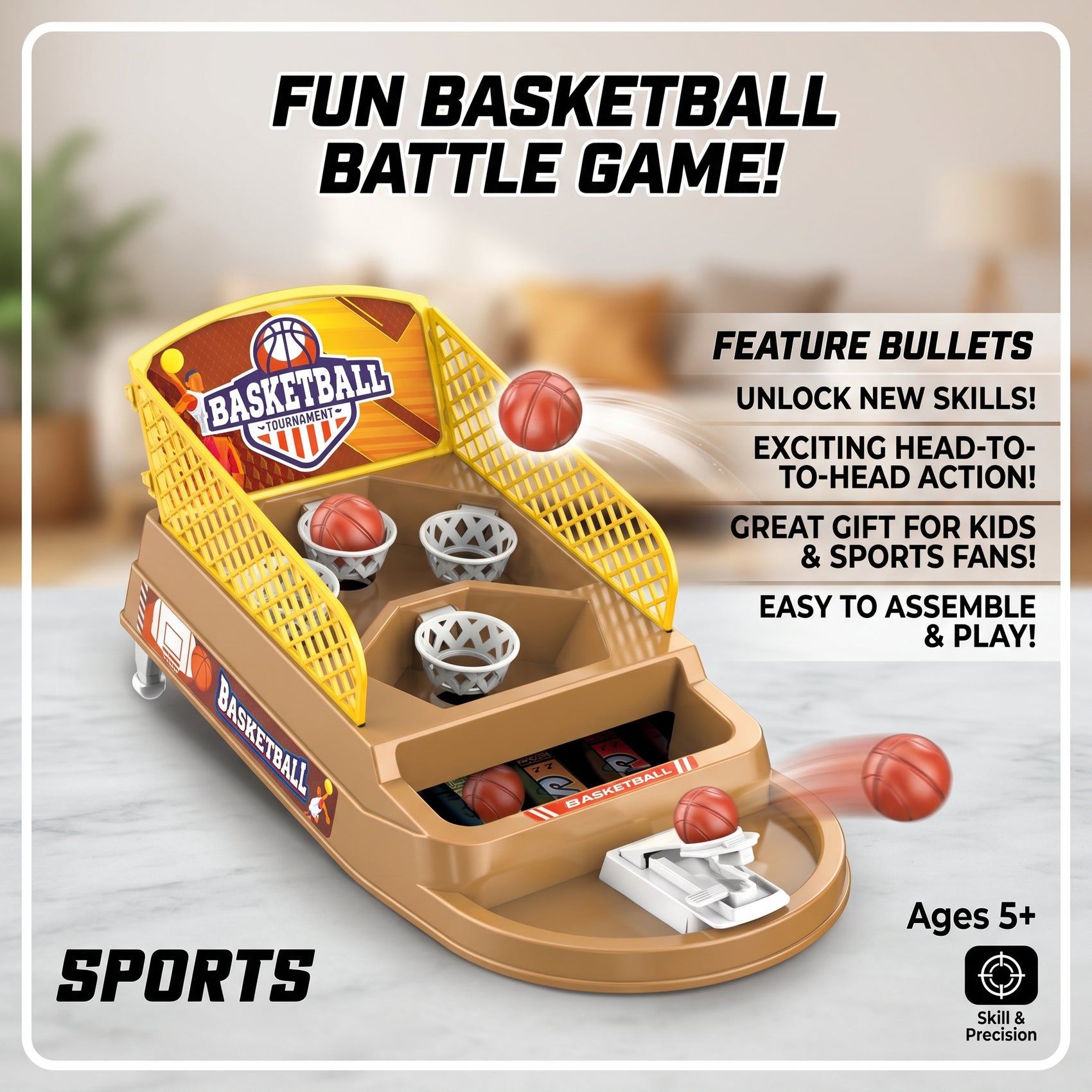 Mini Juego de Mesa de Baloncesto para Niños - Mini Canasta con Lanzador de Catapulta, Múltiples Aros y Pelotas Incluidas, Juguete Deportivo Interactivo