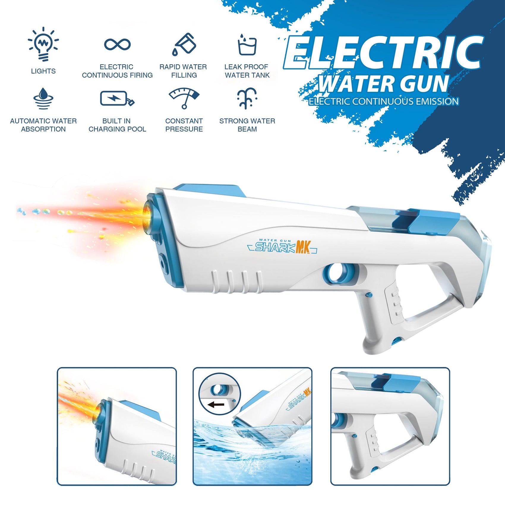 Pistola de Agua Eléctrica Recargable con Luces LED Disparo y Absorción de Agua Automática para Niños y Adultos