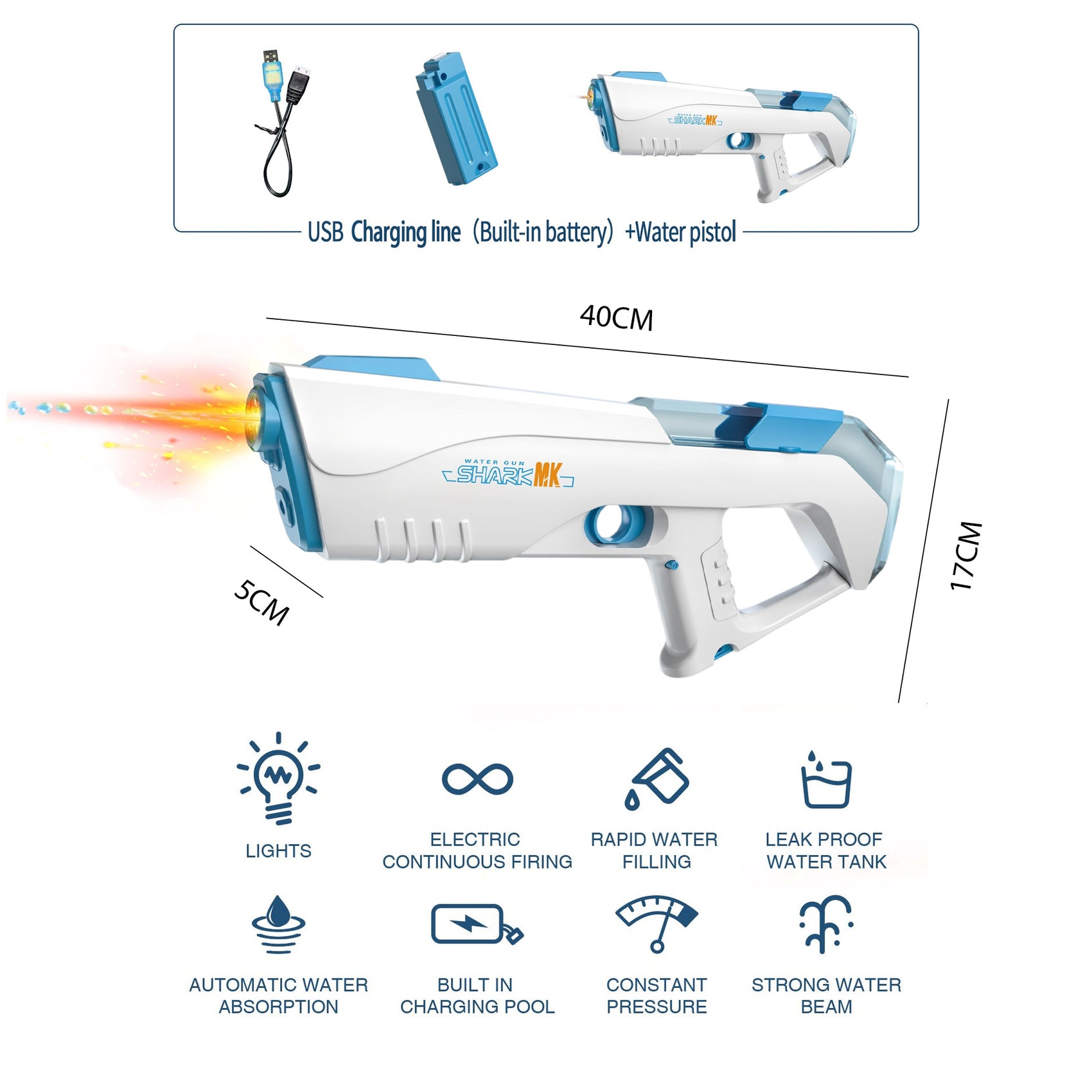 Pistola de Agua Eléctrica Recargable con Luces LED Disparo y Absorción de Agua Automática para Niños y Adultos
