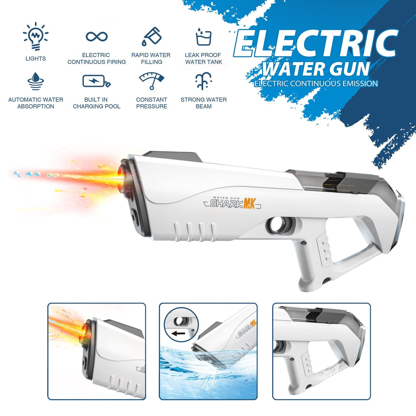 Pistola de Agua Eléctrica Recargable con Luces LED Disparo y Absorción de Agua Automática para Niños y Adultos