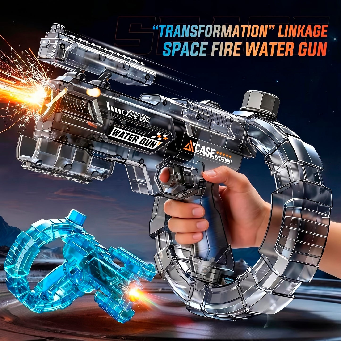 Pistola de Agua Eléctrica Automática Transformable con Cargador Circular y Luz LED Lanzador de Agua Espacial para Niños y Adultos