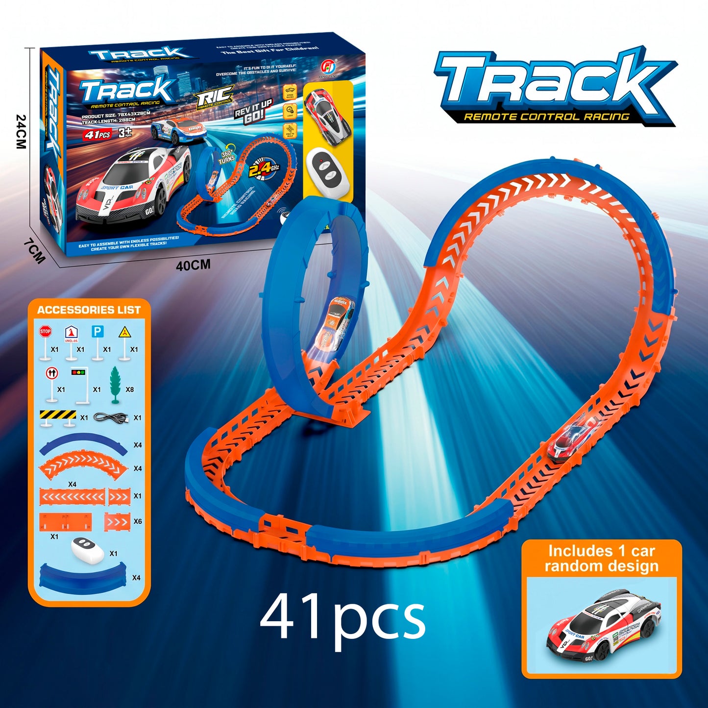 Circuito de Carreras Alta Velocidad con Coche a Control Remoto y Bucles 360 grados Pista Acrobática Modulable DIY para Niños