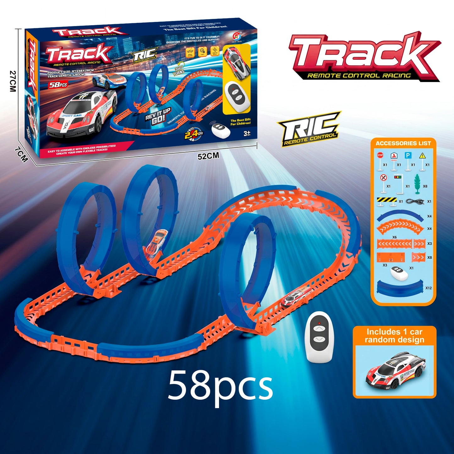 Circuito de Carreras Alta Velocidad con Coche a Control Remoto y Bucles 360 grados Pista Acrobática Modulable DIY para Niños
