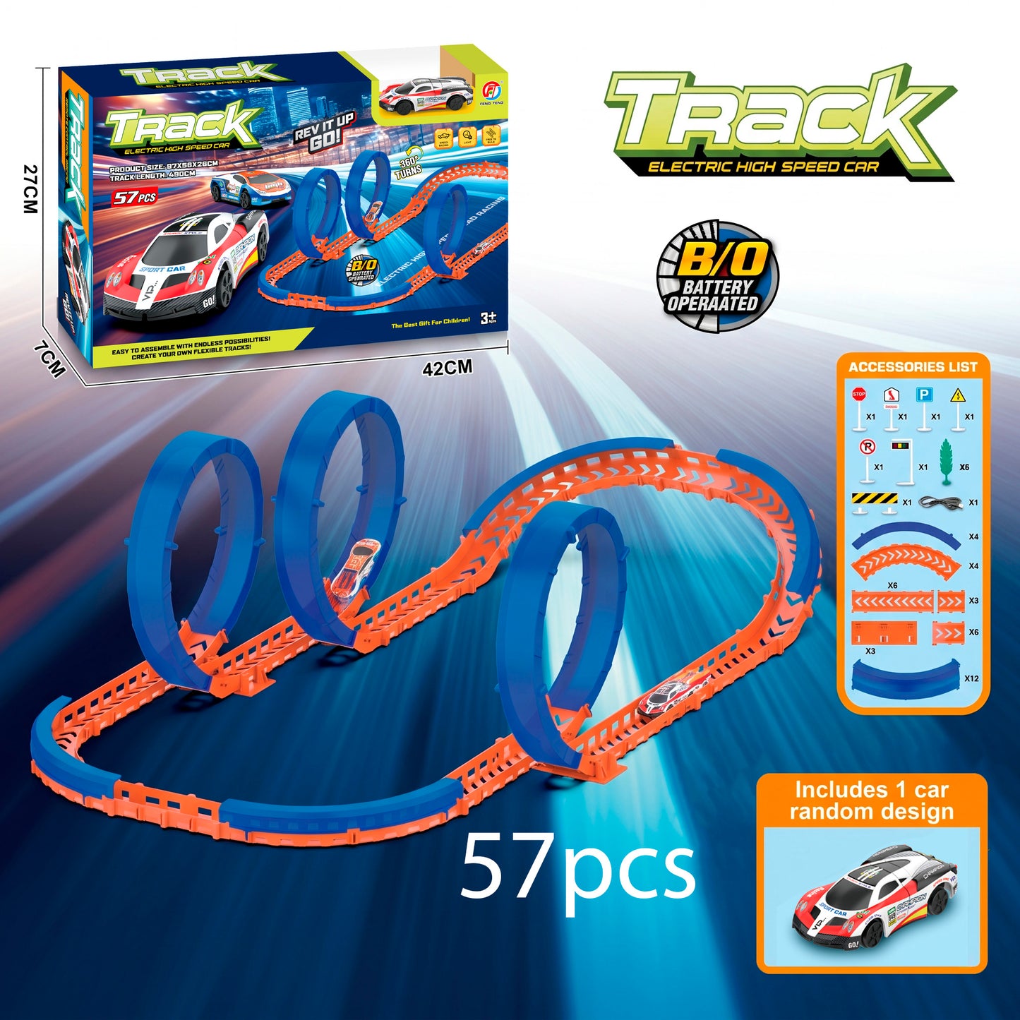 Circuito de Carreras Alta Velocidad con Coche a Control Remoto y Bucles 360 grados Pista Acrobática Modulable DIY para Niños