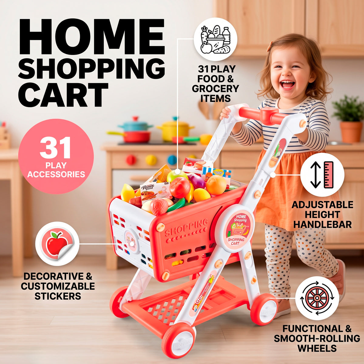 Carrito de la Compra Infantil con Manillar de Altura Ajustable Incluye 31 Piezas de Comida de Juguete Ruedas de Rodadura Suave y Pegatinas para Niños y Niñas