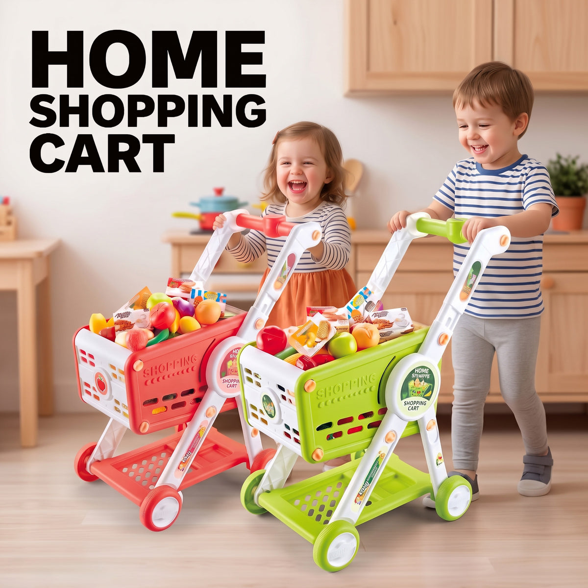 Carrito de la Compra Infantil con Manillar de Altura Ajustable Incluye 31 Piezas de Comida de Juguete Ruedas de Rodadura Suave y Pegatinas para Niños y Niñas