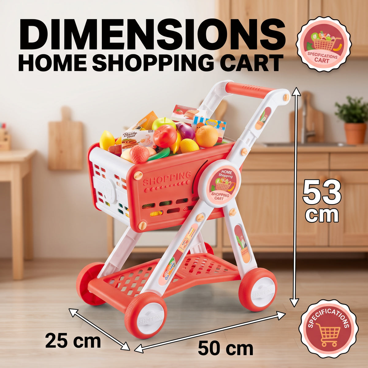 Carrito de la Compra Infantil con Manillar de Altura Ajustable Incluye 31 Piezas de Comida de Juguete Ruedas de Rodadura Suave y Pegatinas para Niños y Niñas
