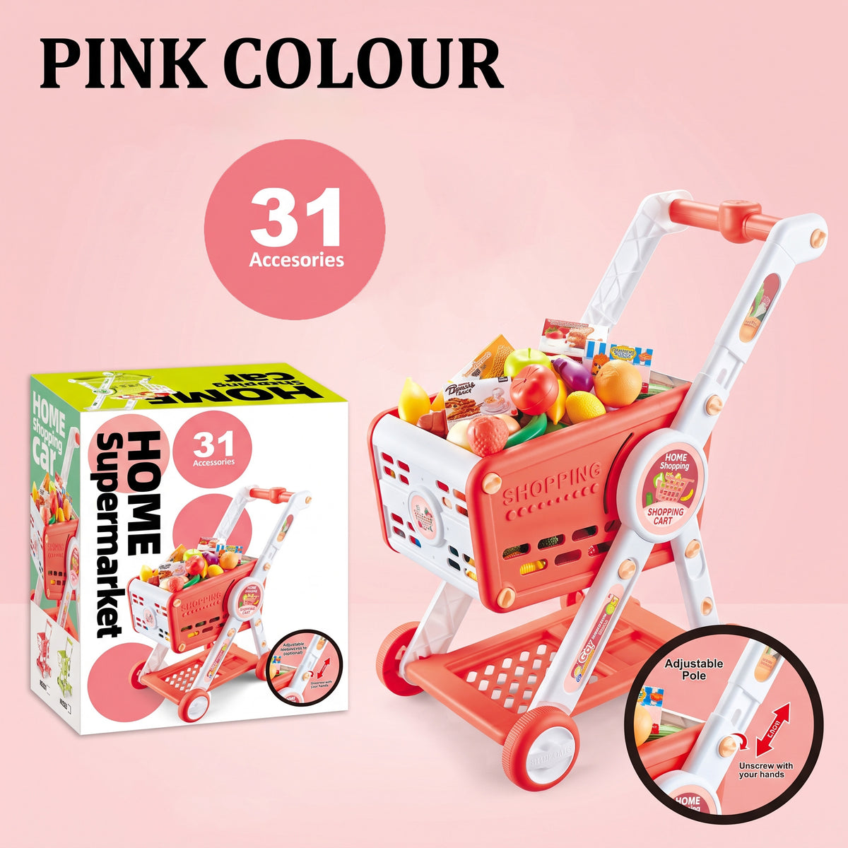 Carrito de la Compra Infantil con Manillar de Altura Ajustable Incluye 31 Piezas de Comida de Juguete Ruedas de Rodadura Suave y Pegatinas para Niños y Niñas