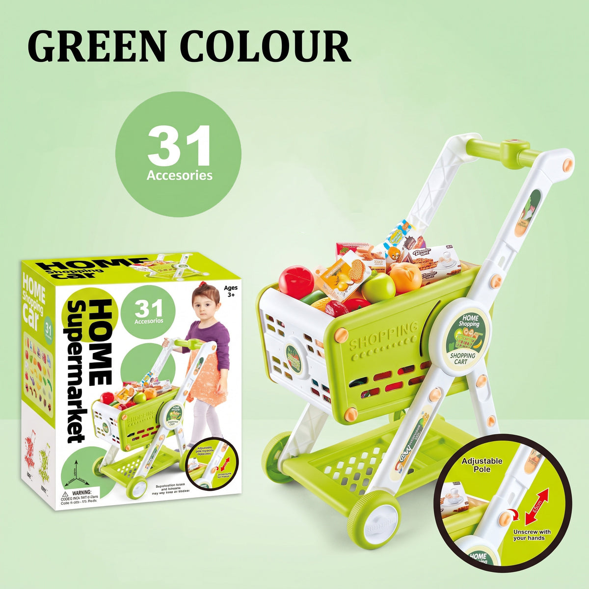 Carrito de la Compra Infantil con Manillar de Altura Ajustable Incluye 31 Piezas de Comida de Juguete Ruedas de Rodadura Suave y Pegatinas para Niños y Niñas
