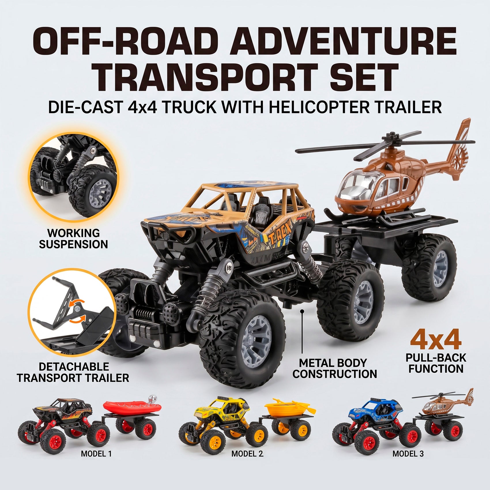 Camioneta 4x4 Todoterreno de Metal con Remolque Juguete de Fricción Pullback con Suspensión Real para Niños