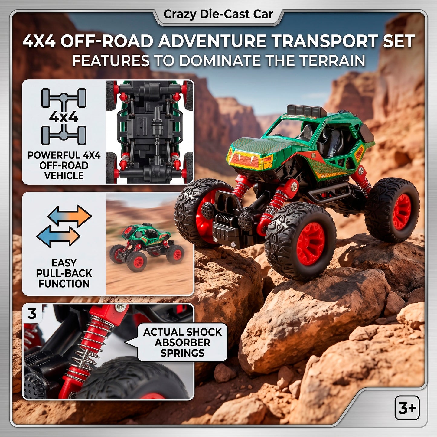 Camioneta 4x4 Todoterreno de Metal con Remolque Juguete de Fricción Pullback con Suspensión Real para Niños