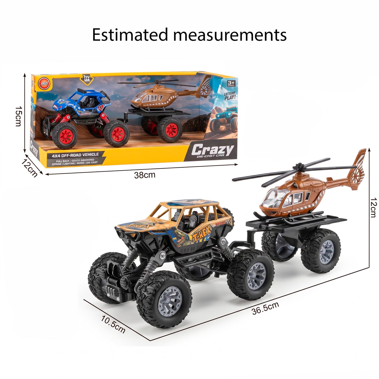 Camioneta 4x4 Todoterreno de Metal con Remolque Juguete de Fricción Pullback con Suspensión Real para Niños