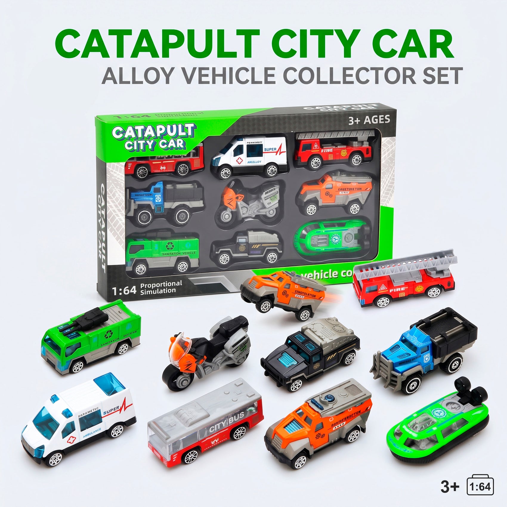 Set de Vehículos de Metal para Niños Escala 1:64 Die Cast Coches de Juego Urbano y Rescate Ambulancia Bomberos Camión Moto