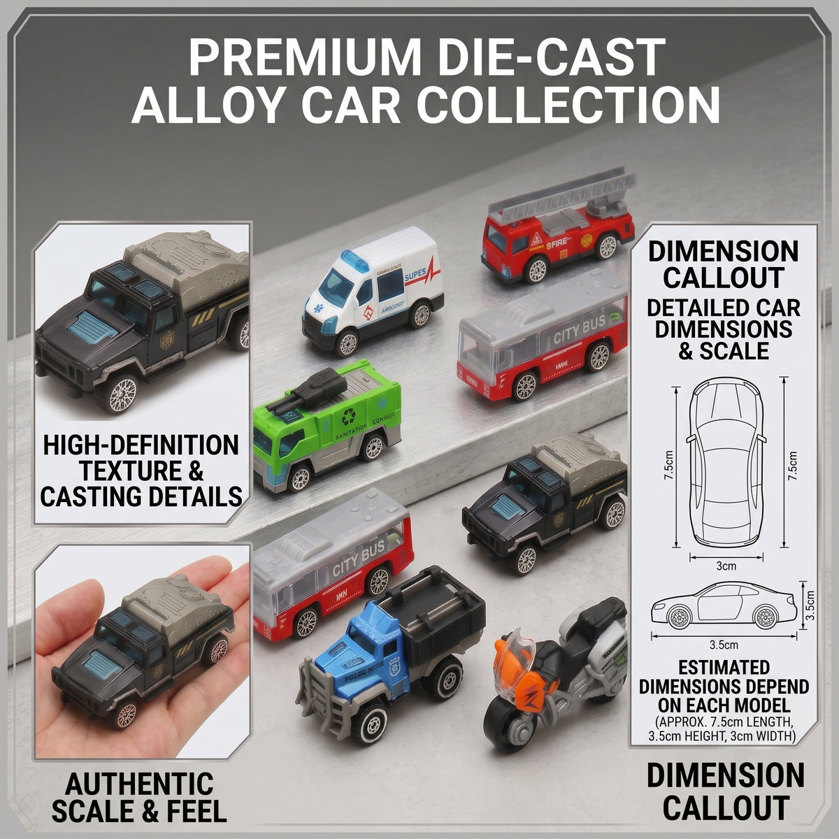 Set de Vehículos de Metal para Niños Escala 1:64 Die Cast Coches de Juego Urbano y Rescate Ambulancia Bomberos Camión Moto