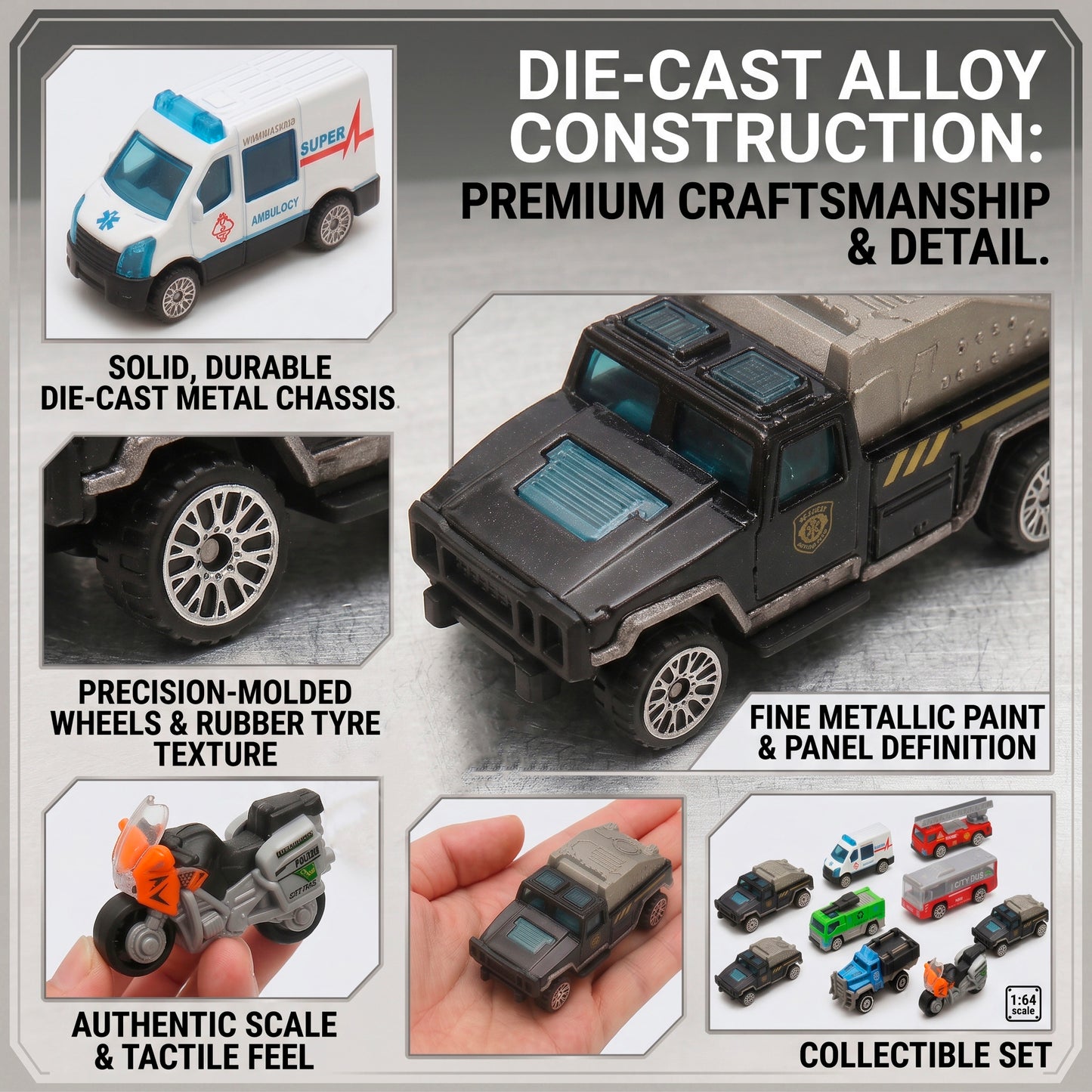 Set de Vehículos de Metal para Niños Escala 1:64 Die Cast Coches de Juego Urbano y Rescate Ambulancia Bomberos Camión Moto
