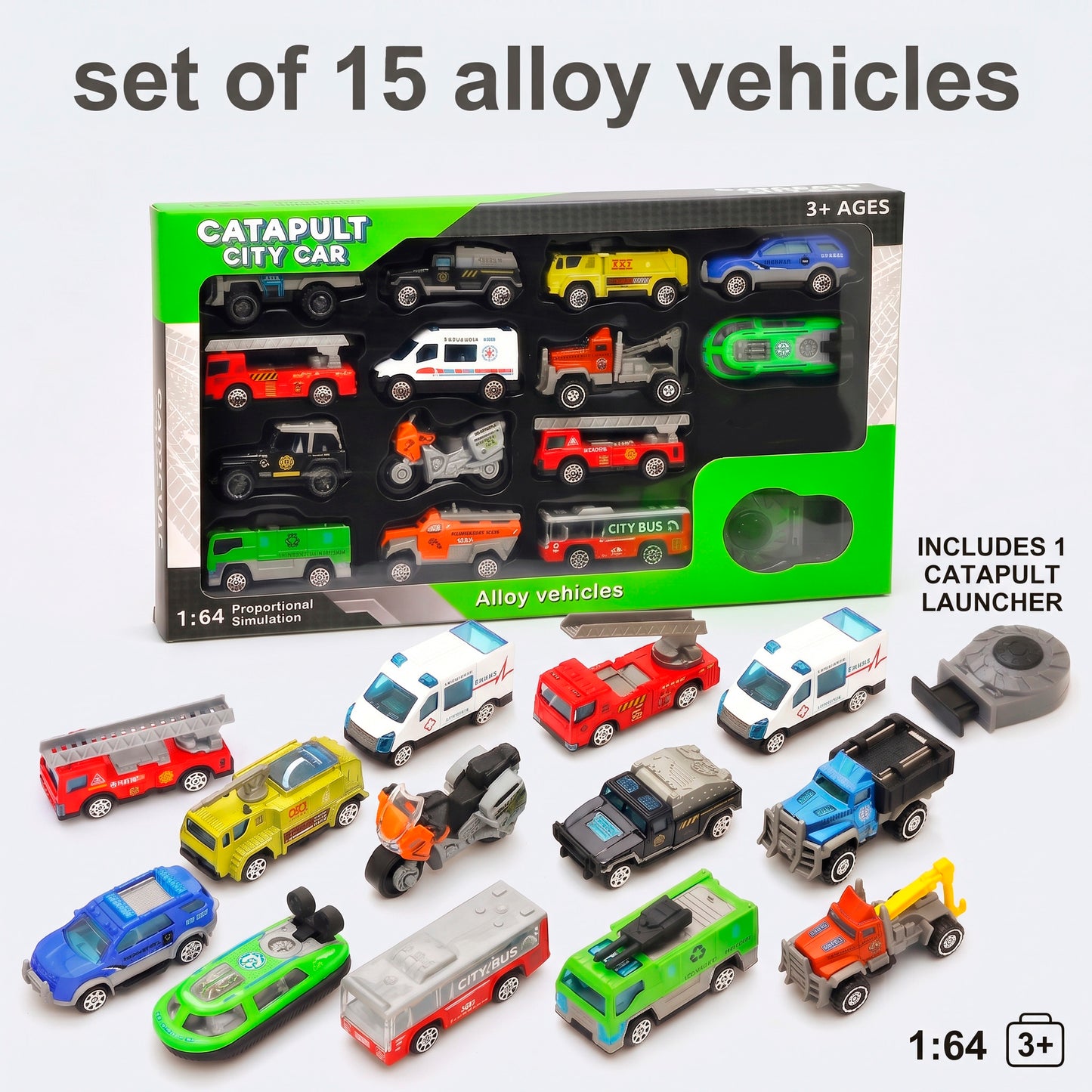 Set de Vehículos de Metal para Niños Escala 1:64 Die Cast Coches de Juego Urbano y Rescate Ambulancia Bomberos Camión Moto