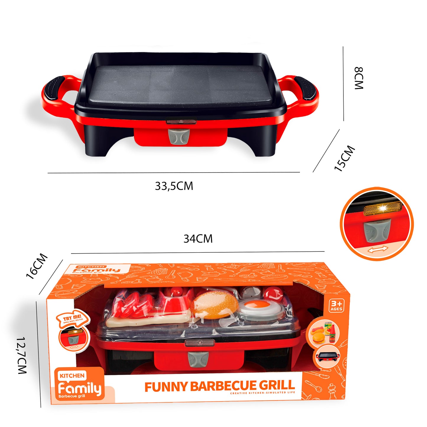Dimensiones y caja juego parrilla barbacoa Newplay - medidas y empaque producto