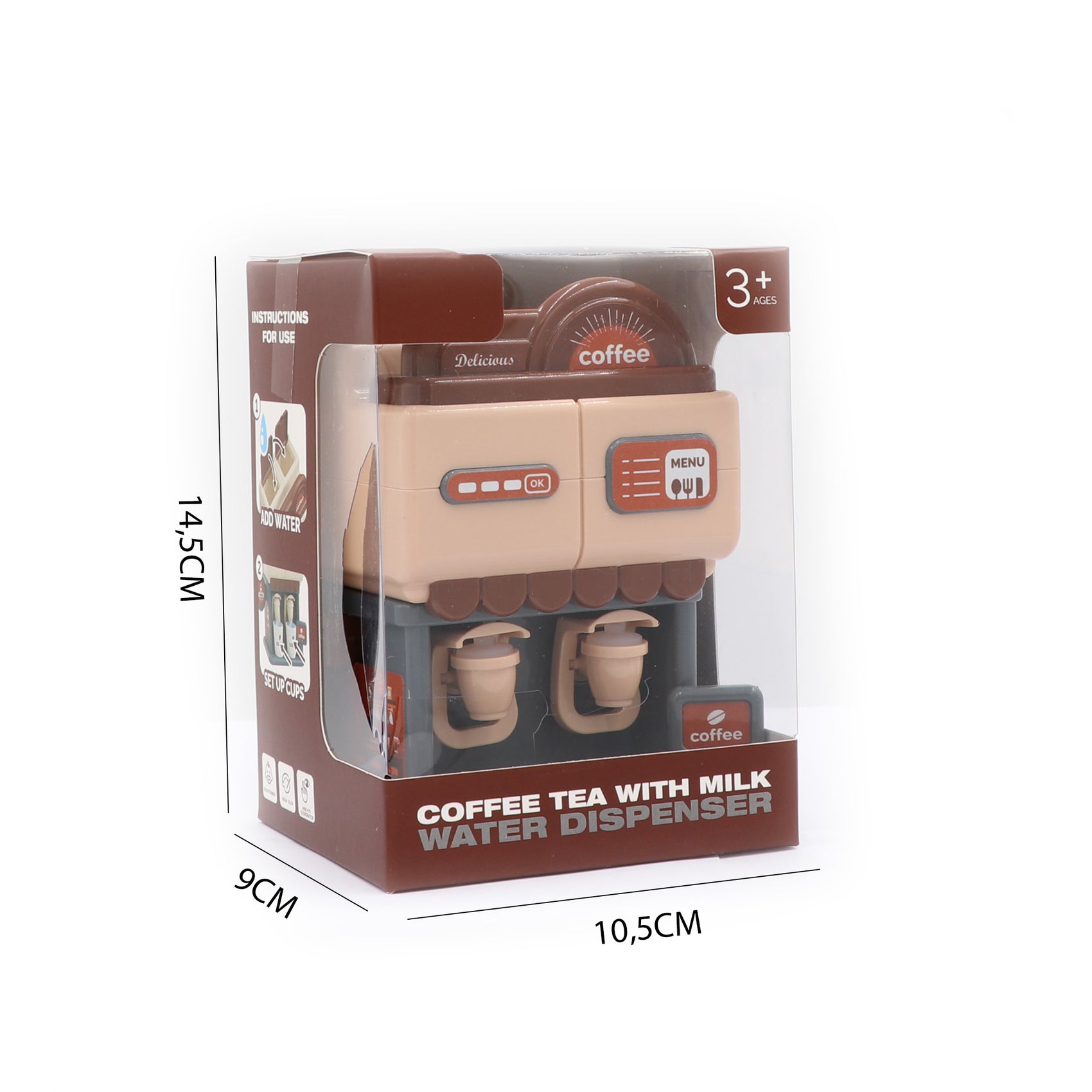 Caja y dimensiones mini dispensador bebidas marrón Newplay - empaque y medidas producto