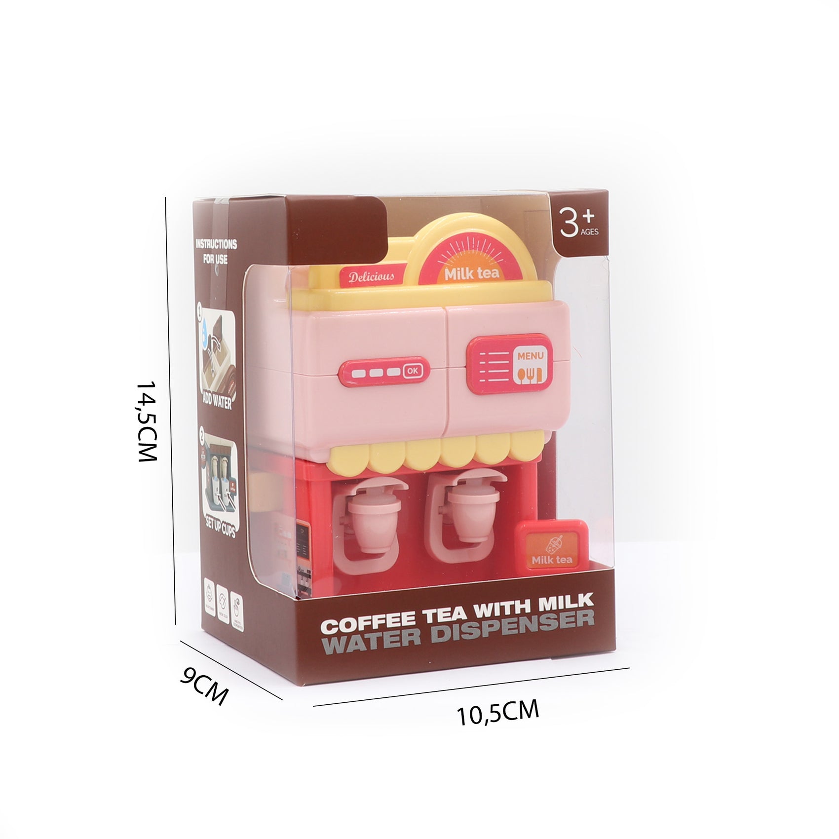 Caja y dimensiones mini dispensador bebidas rosa Newplay - empaque y medidas producto