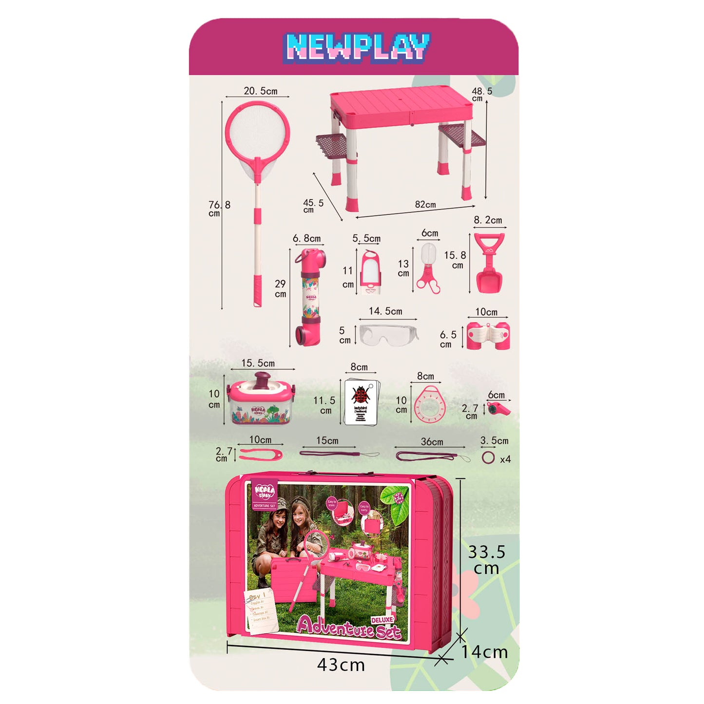 Caja y accesorios set camping portátil rosa Newplay - empaque y contenido