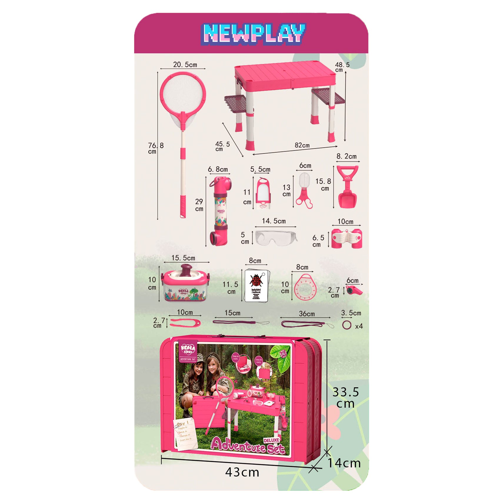Caja y accesorios set camping portátil rosa Newplay - empaque y contenido