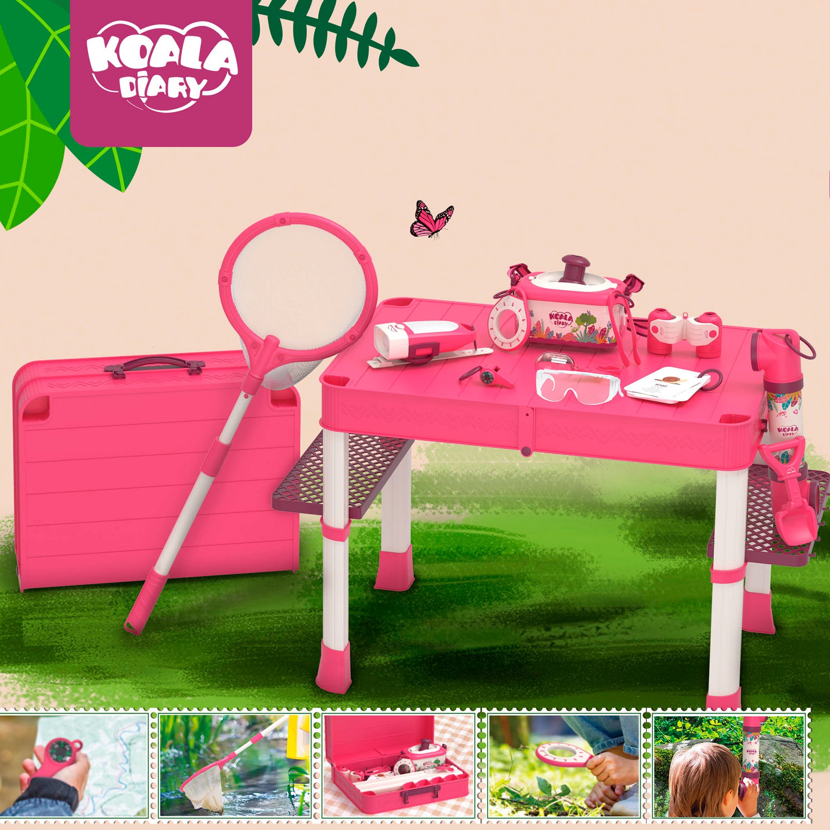 Set camping portátil rosa con maleta y accesorios Newplay - juguete completo