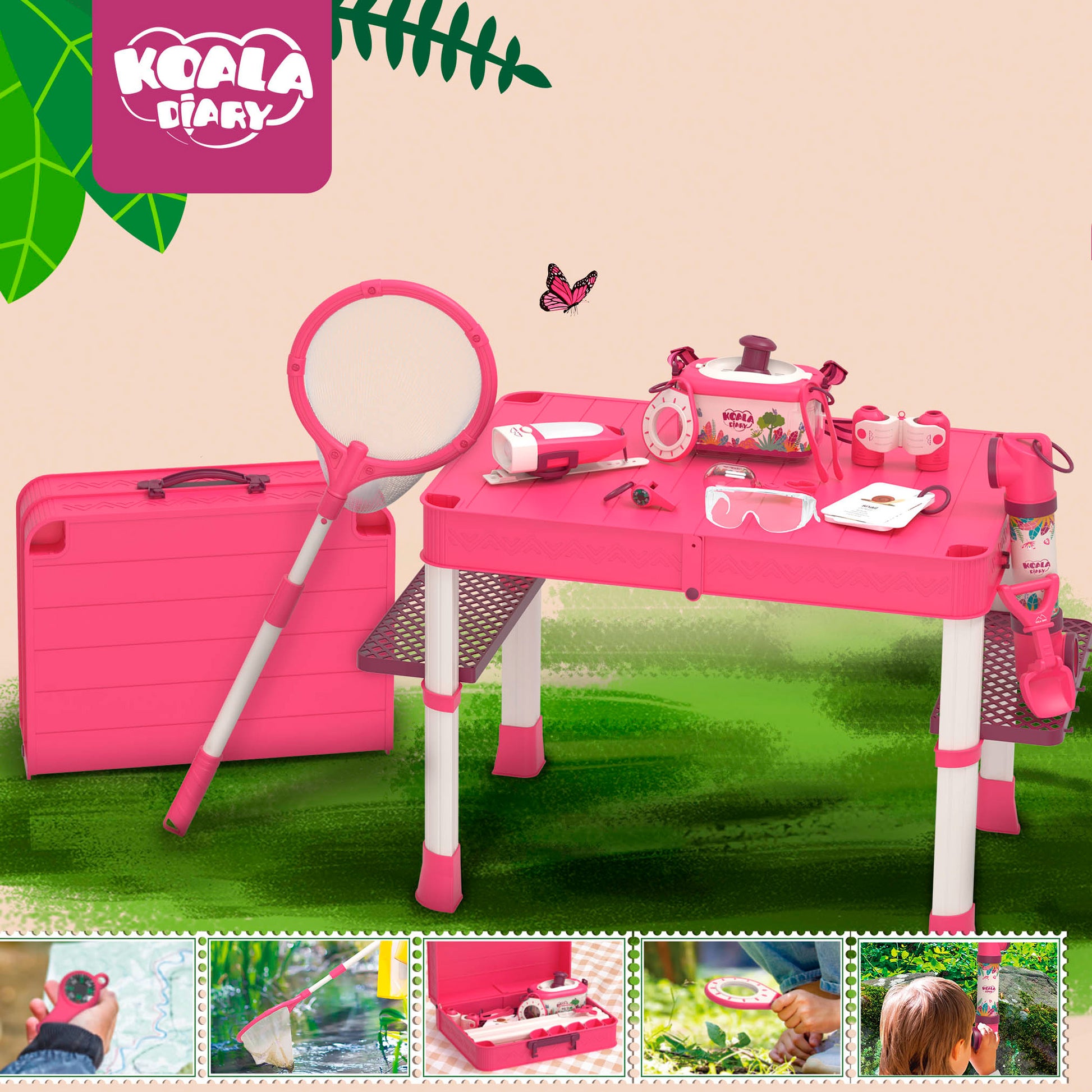 Set camping portátil rosa con maleta y accesorios Newplay - juguete completo