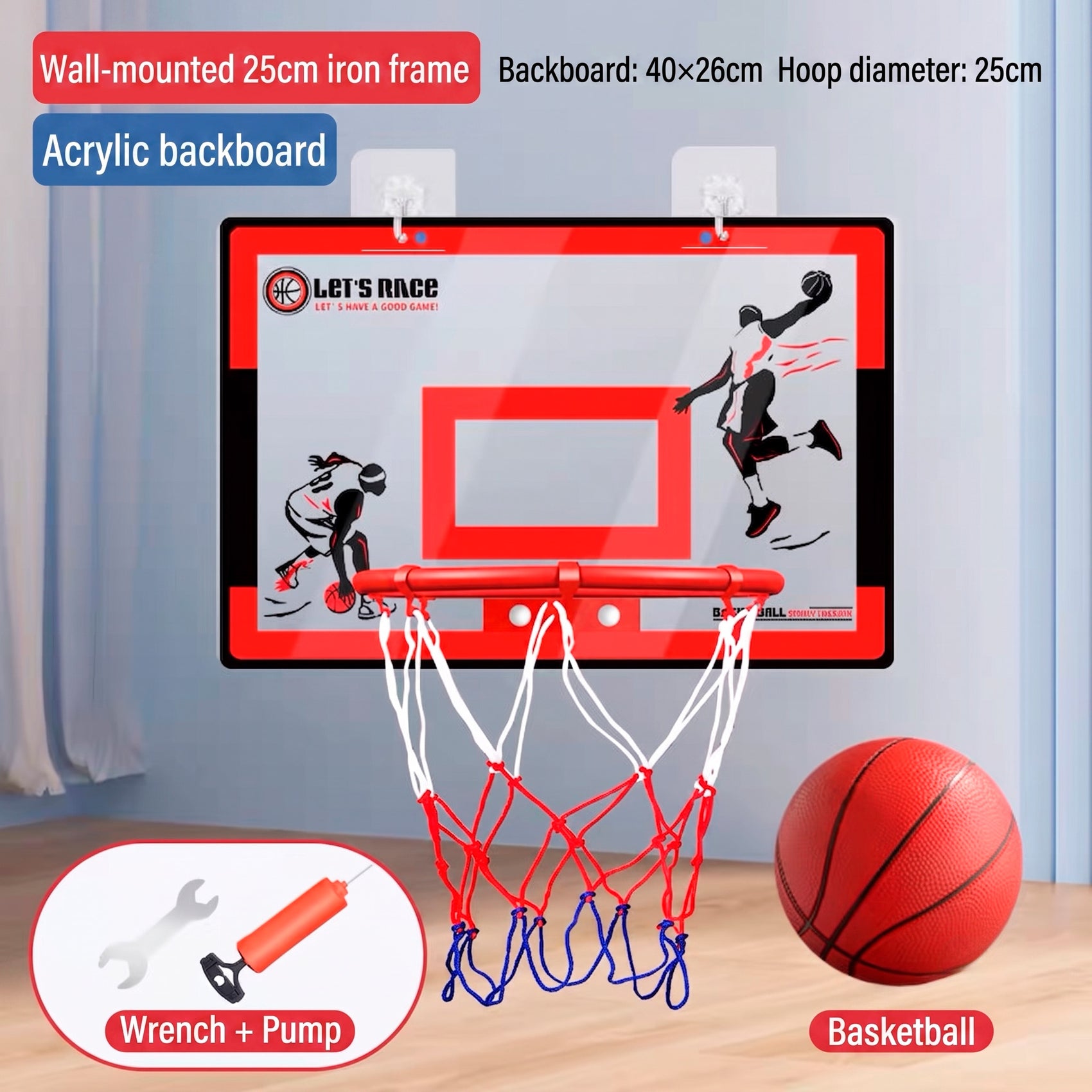 Mini Canasta de Baloncesto para Pared o Puerta con Tablero Acrílico Aro Metálico Pelota e Inflador Incluidos para Niños y Oficina