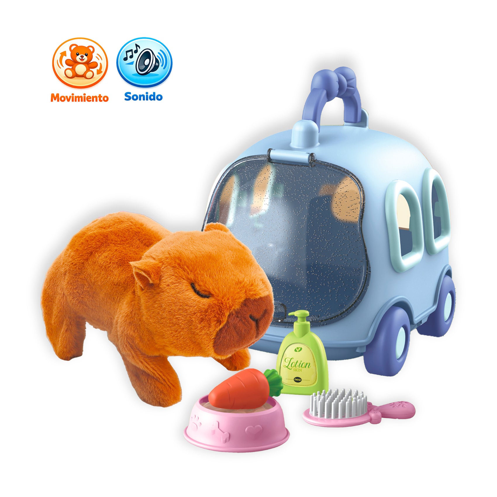 Transportín peluche capibara interactivo azul con sonido y movimiento Newplay - juguete eléctrico