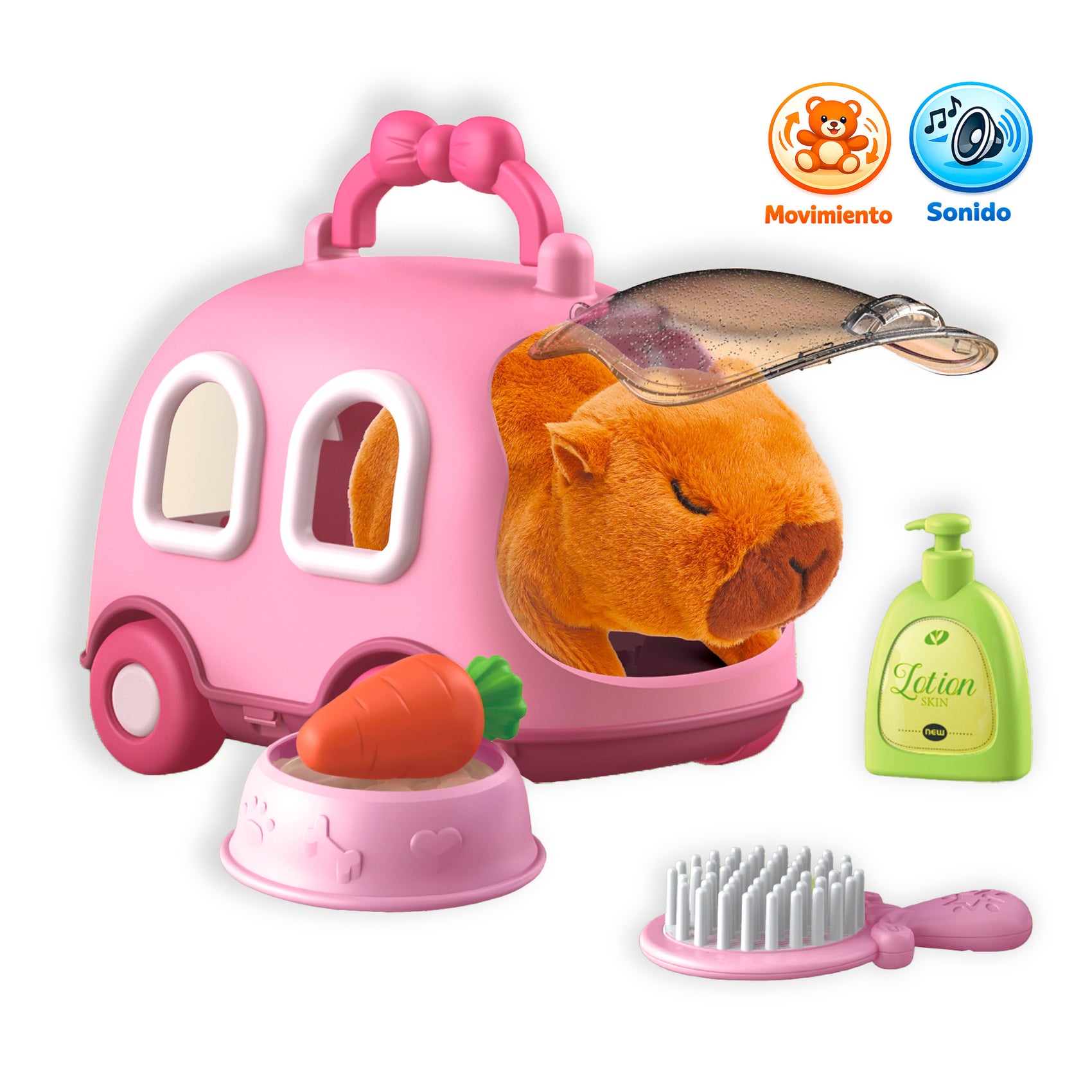 Transportín peluche capibara interactivo rosa con sonido y movimiento Newplay - juguete eléctrico