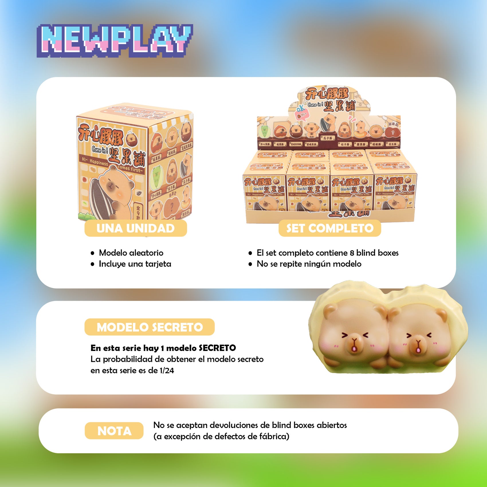 Detalles blind box Capibara disfraz nueces Newplay - información serie y modelo secreto