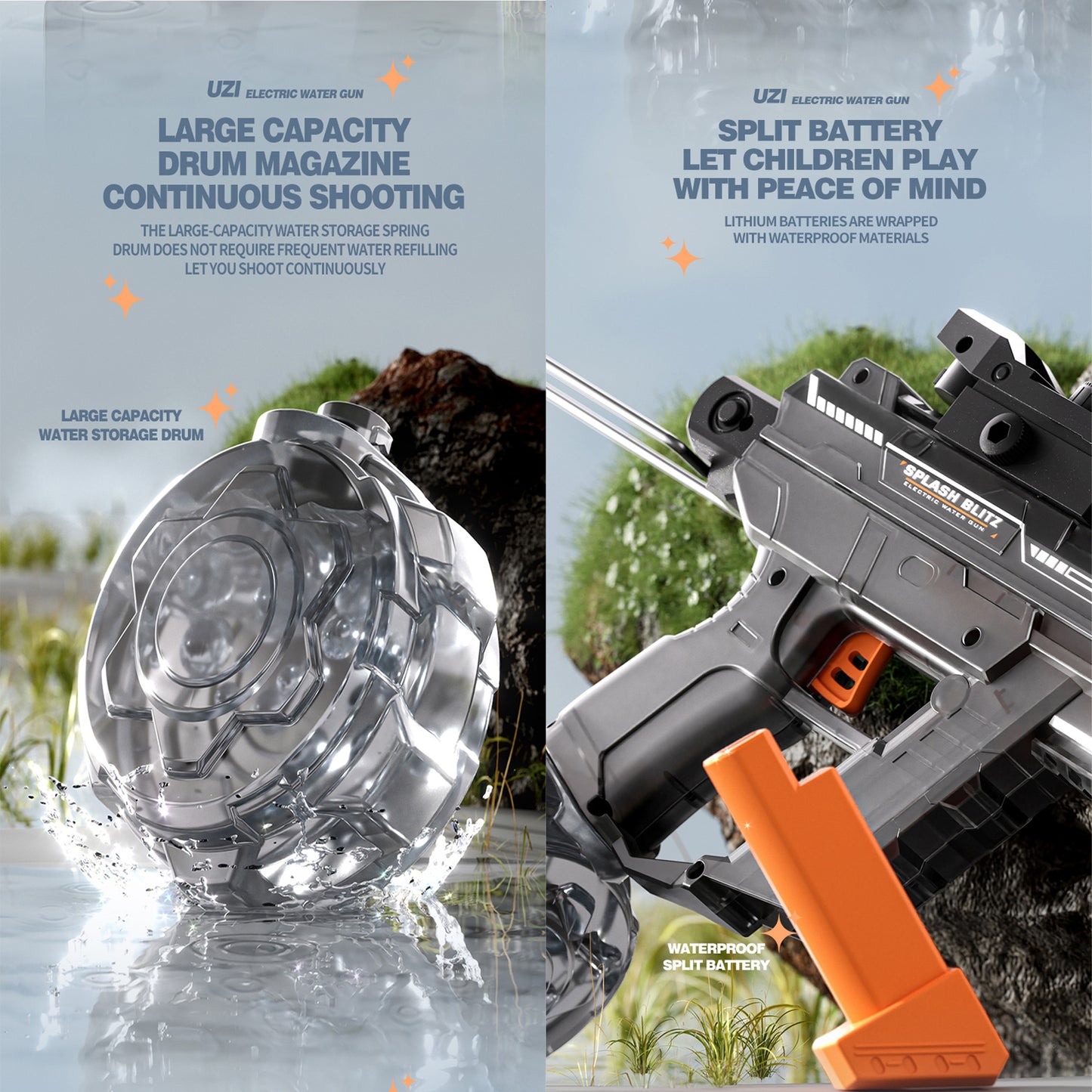 Pistola de Agua Eléctrica Automática Recargable UZI Gris 350ml Alcance 9m con Luces para Niños y Adultos