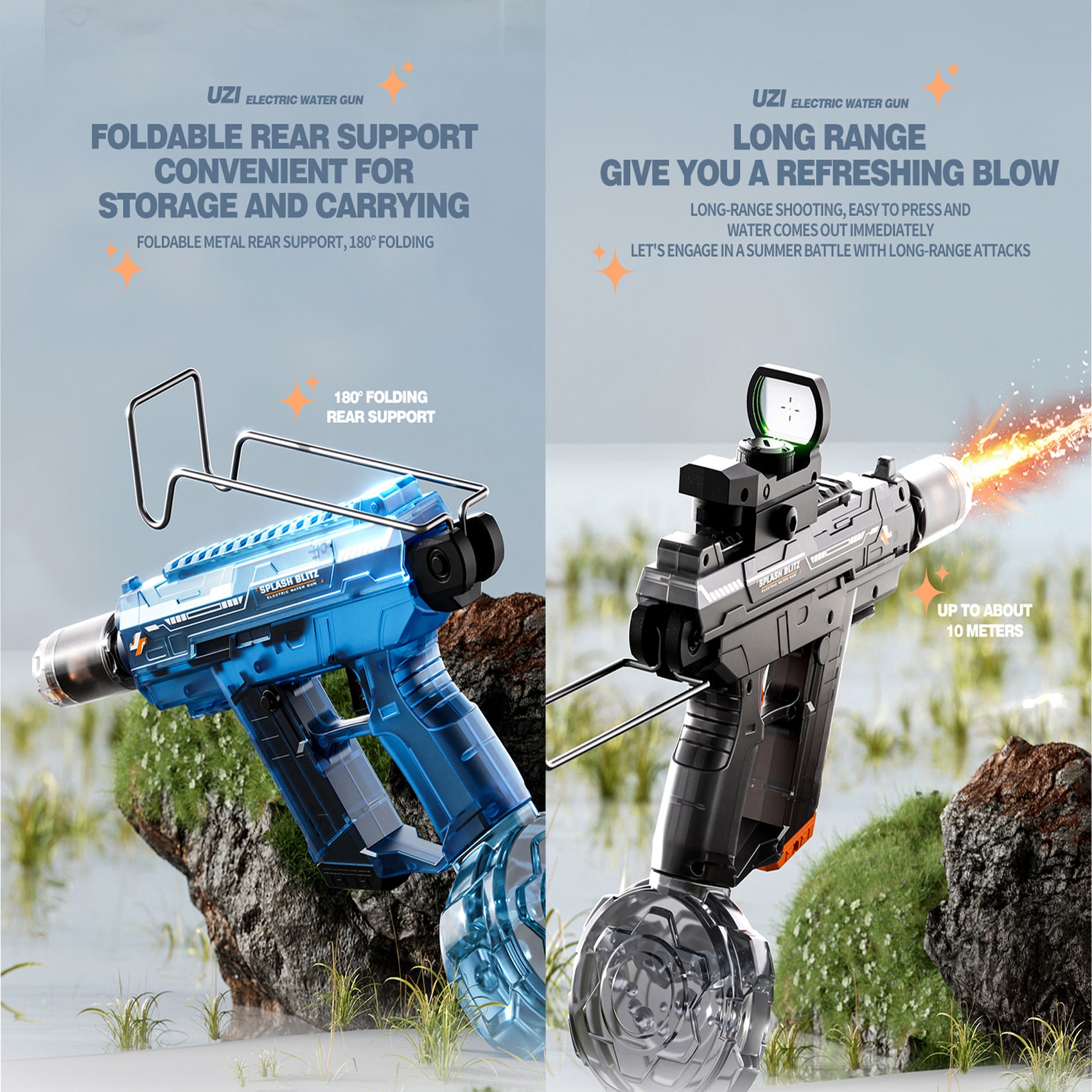 Pistola de Agua Eléctrica Automática Recargable UZI Gris 350ml Alcance 9m con Luces para Niños y Adultos