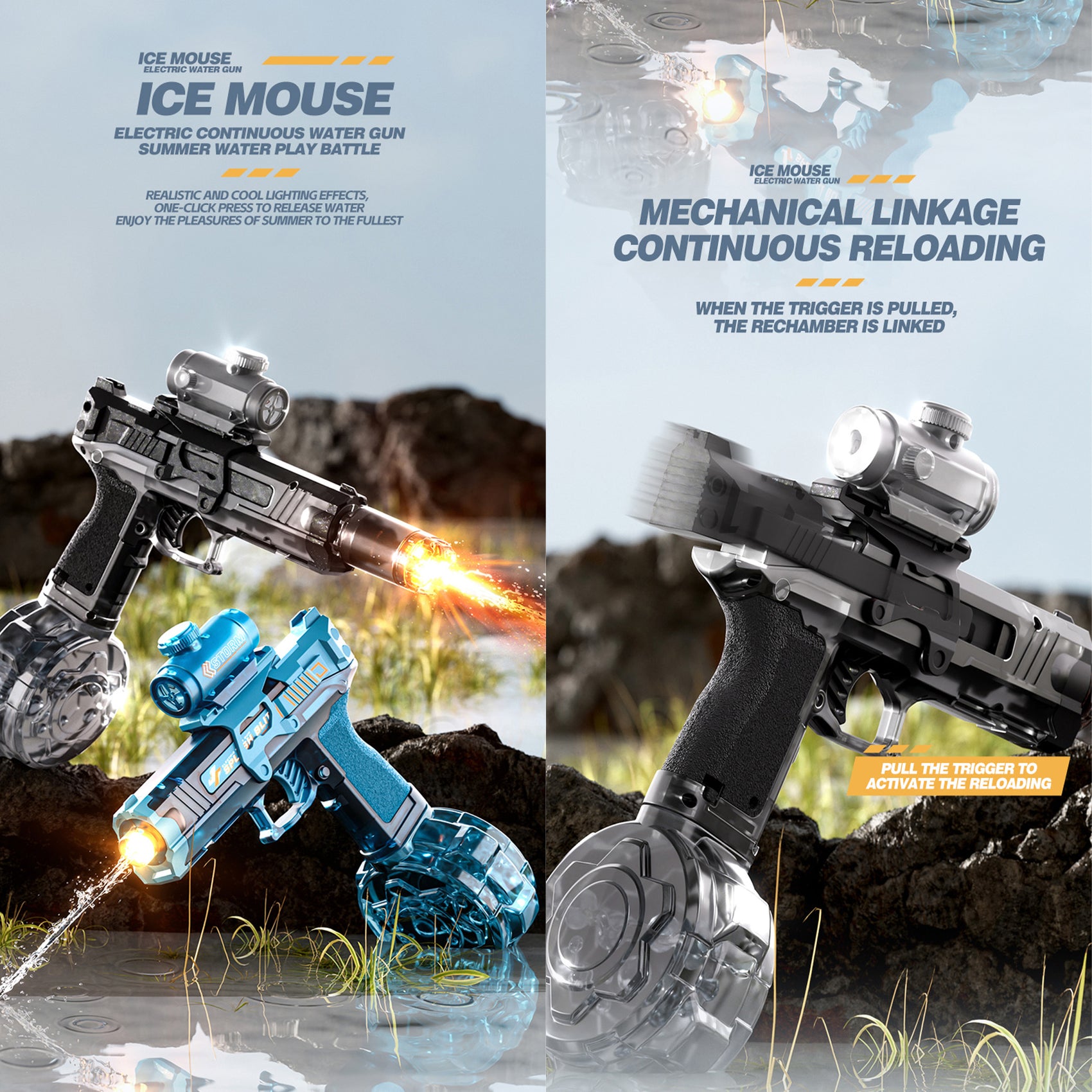 Pistola de Agua Eléctrica Automática Recargable Azul 350ml Alcance 9m con Luces para Niños y Adultos