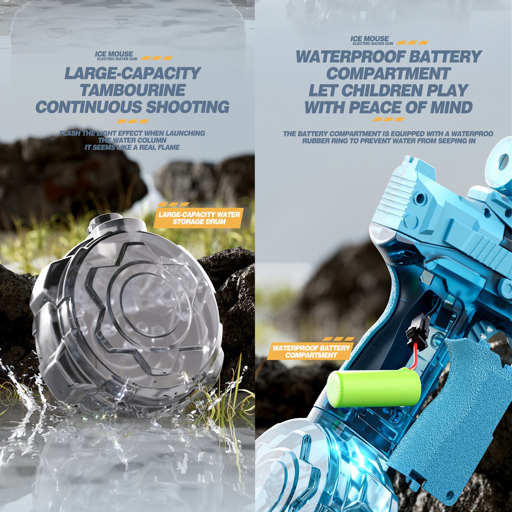 Pistola de Agua Eléctrica Automática Recargable Azul 350ml Alcance 9m con Luces para Niños y Adultos