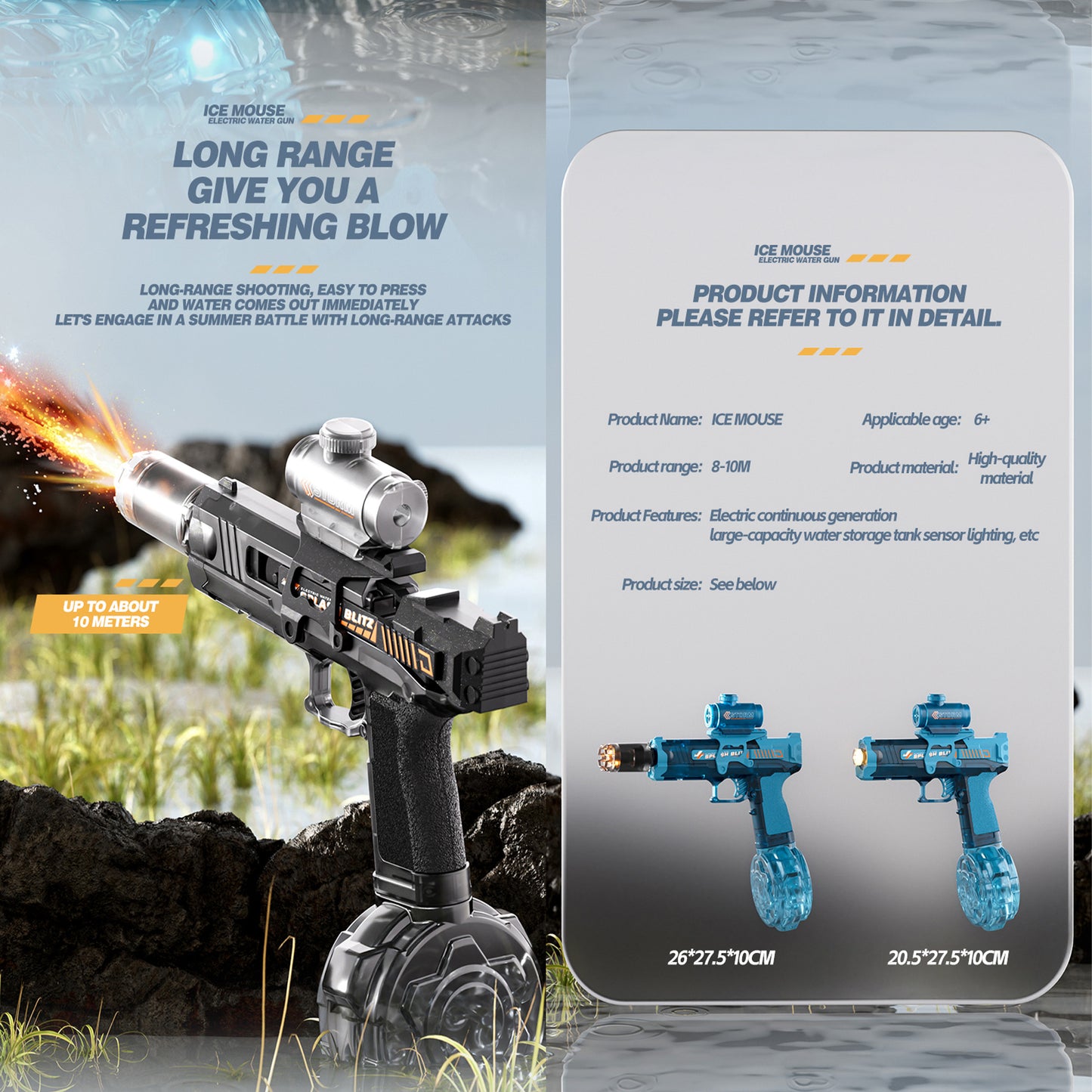 Pistola de Agua Eléctrica Automática Recargable Azul 350ml Alcance 9m con Luces para Niños y Adultos