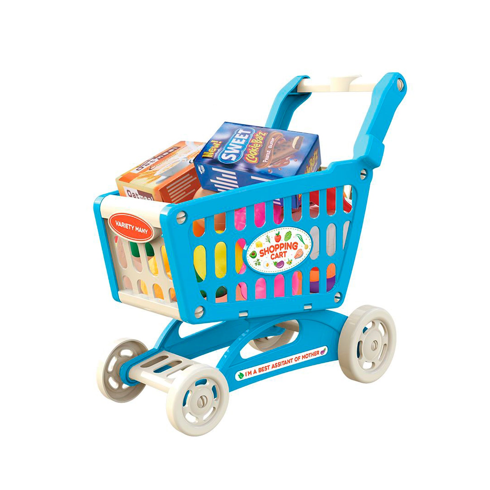 Mini carrito compra azul con accesorios alimentos Newplay - juguete rol