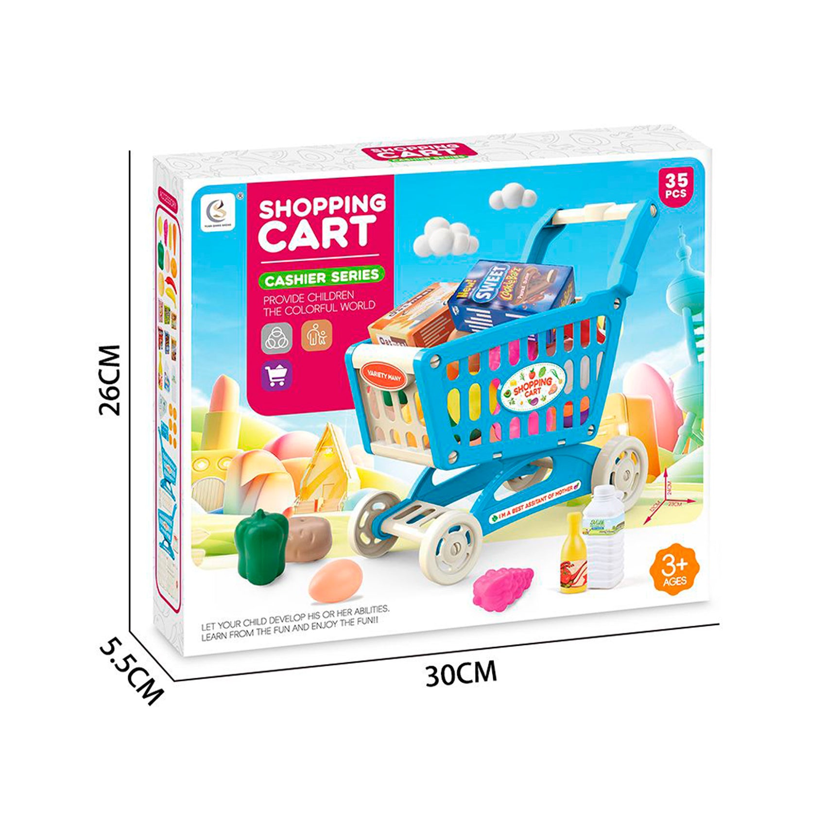 Caja mini carrito compra azul con accesorios Newplay - empaque producto