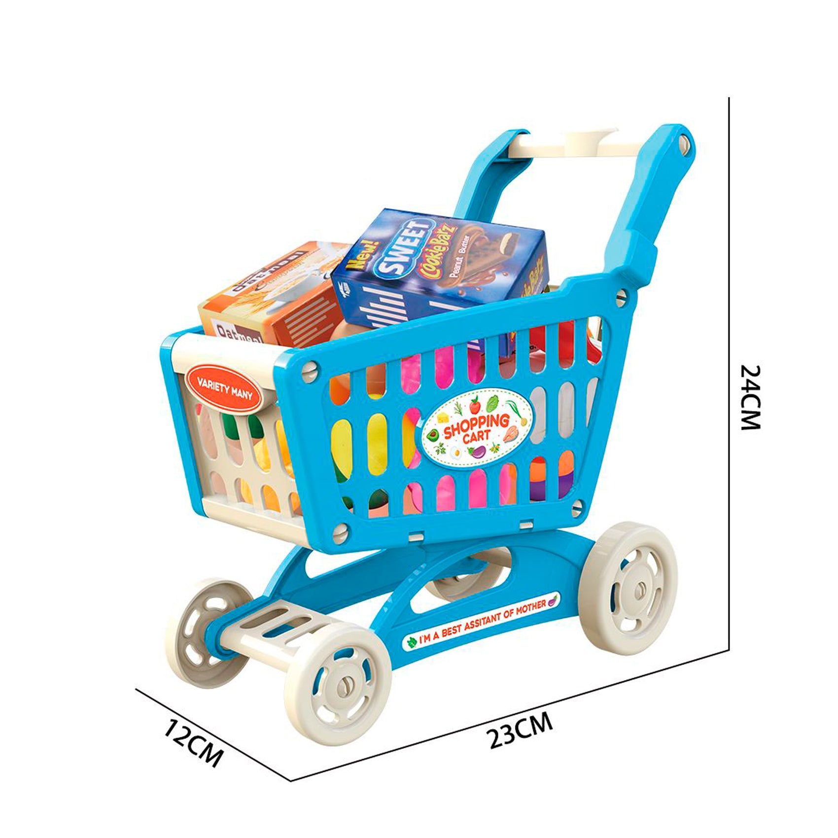 Dimensiones mini carrito compra azul Newplay - medidas producto