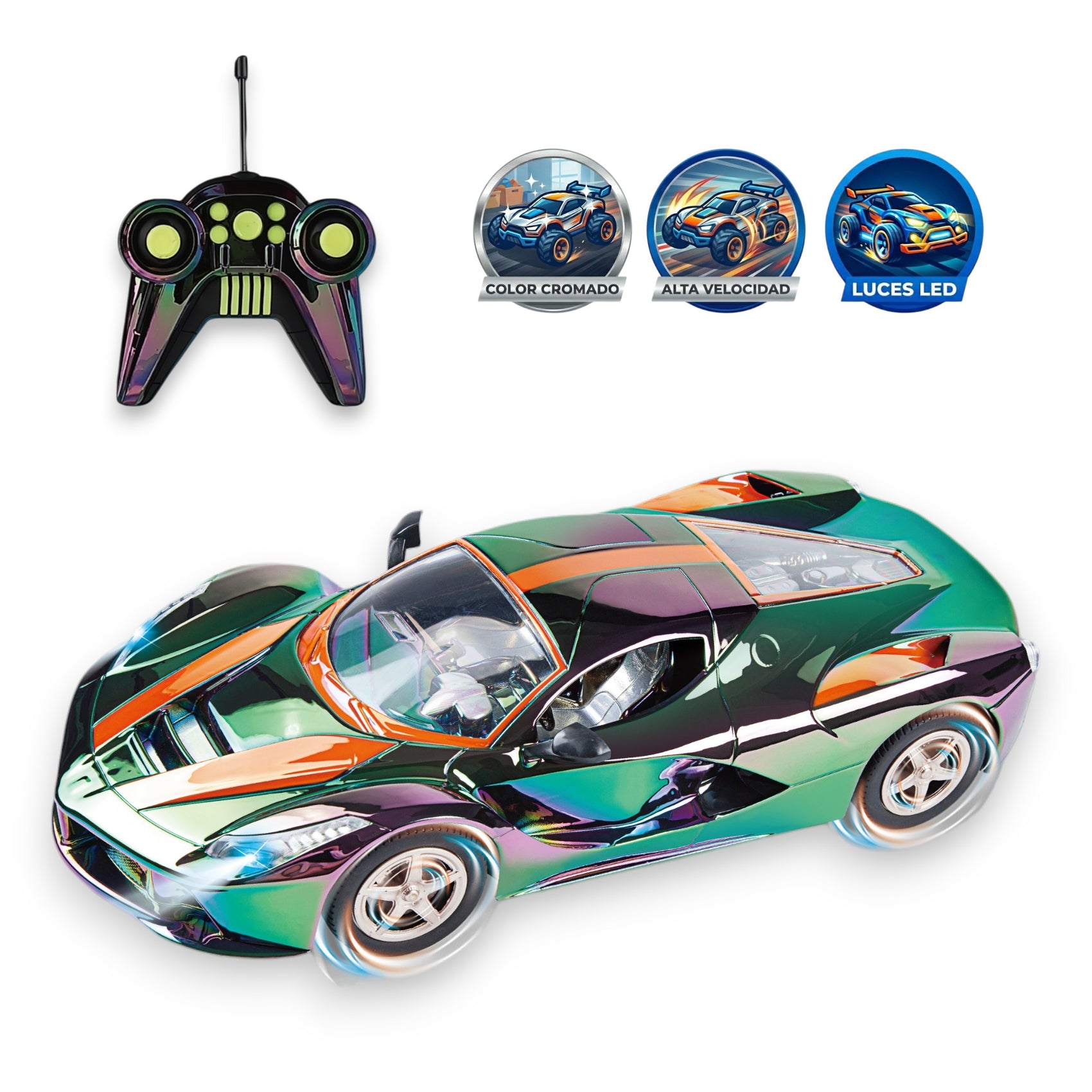 Coche Deportivo Radiocontrol Cromado Multicolor con Luces Escala 1:8