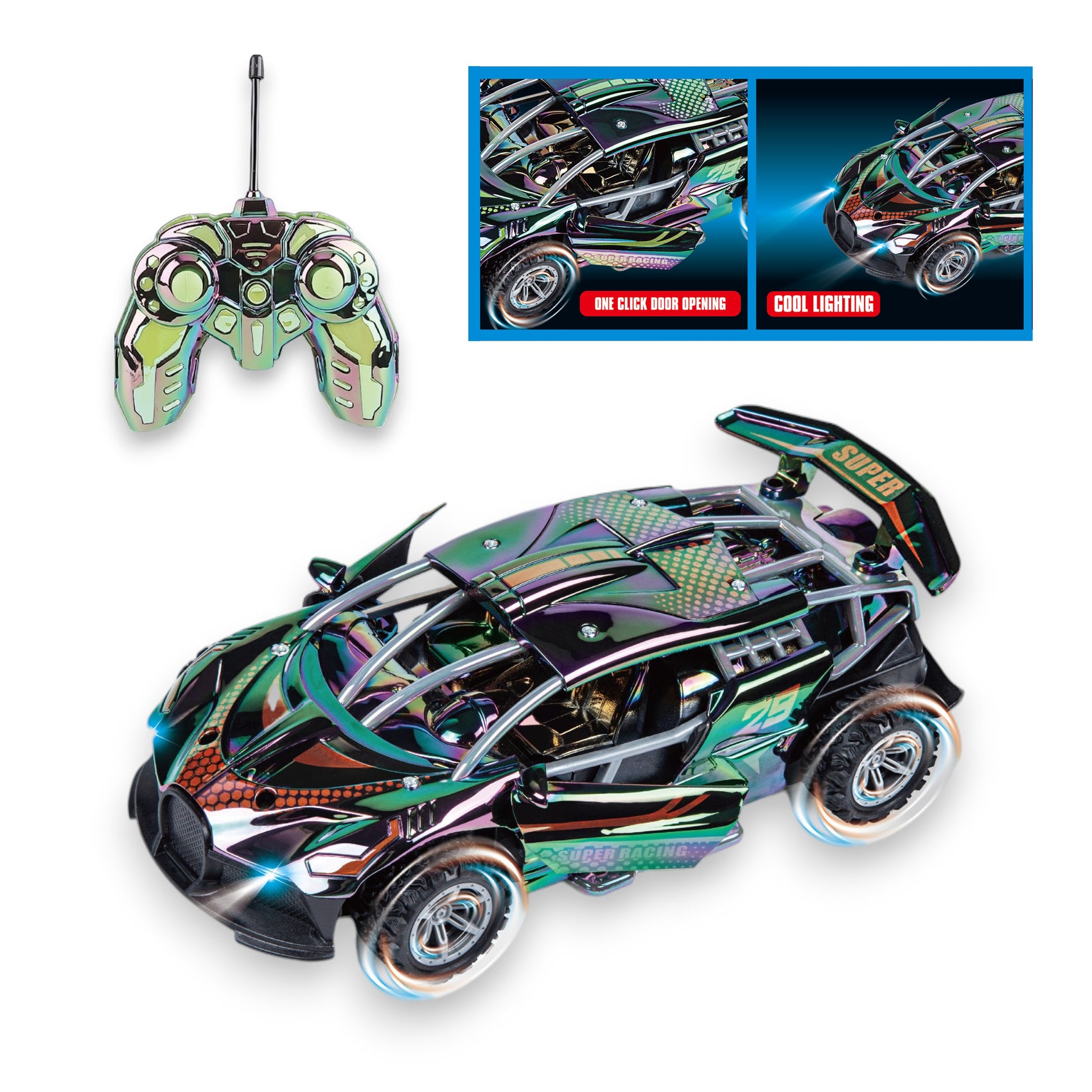 Coche Superdeportivo Radiocontrol Cromado Multicolor con Puertas Automáticas y Luces Escala 1:18