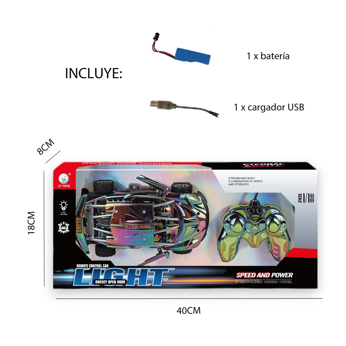 Coche Superdeportivo Radiocontrol Cromado Multicolor con Puertas Automáticas y Luces Escala 1:18