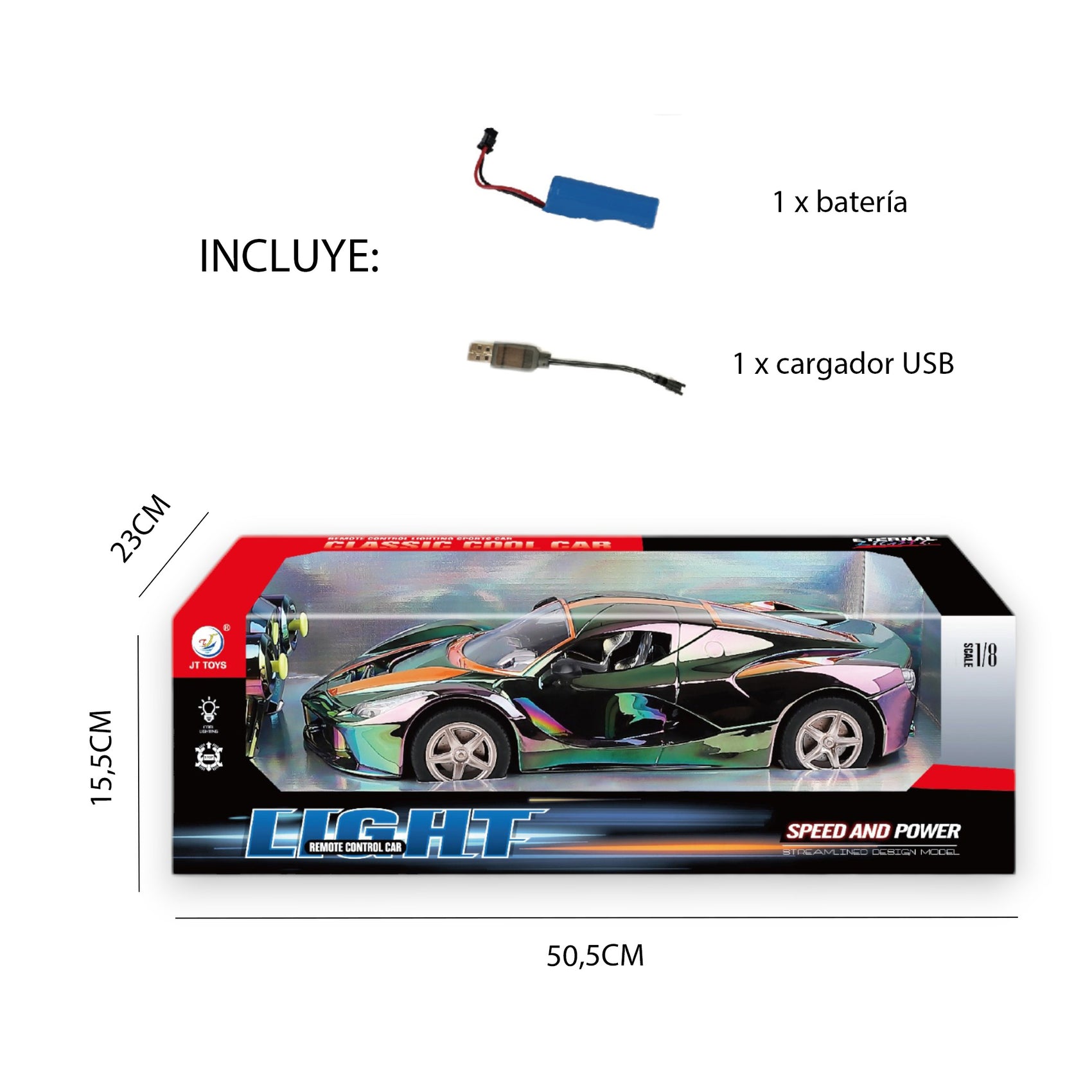 Coche Deportivo Radiocontrol Cromado Multicolor con Luces Escala 1:8