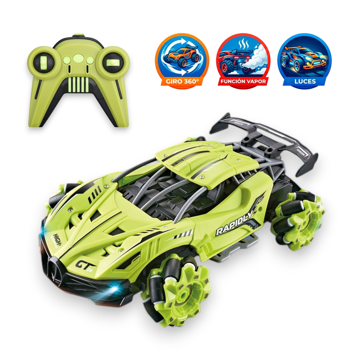 Coche Radiocontrol Movimiento 360 Grados con Luces y Función de Vapor