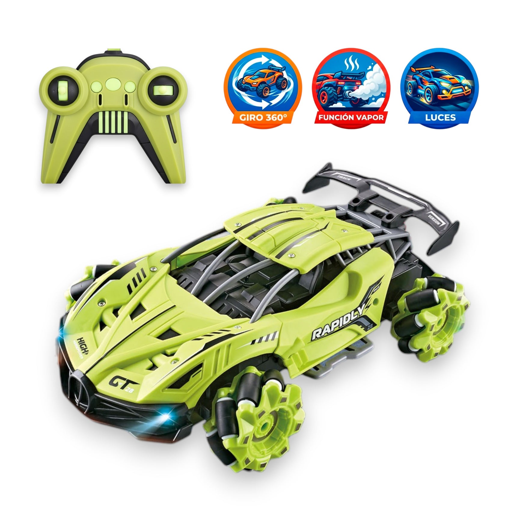 Coche Radiocontrol Movimiento 360 Grados con Luces y Función de Vapor