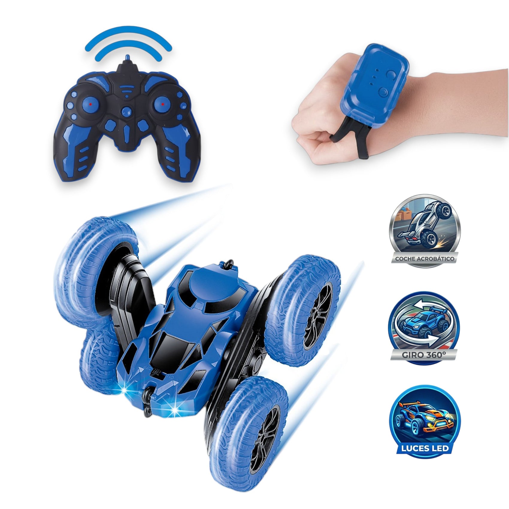 Coche Acrobático Radiocontrol con Mando y Pulsera Movimiento 360 Grados y Luces