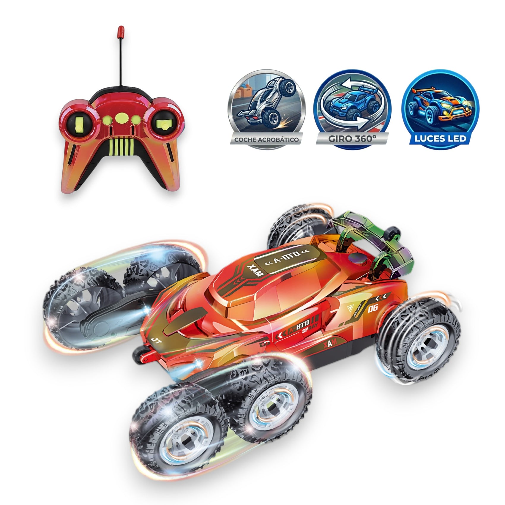 Coche Acrobático Radiocontrol con 6 Ruedas Color Brillante Movimiento 360 Grados con Luces Escala 1:16